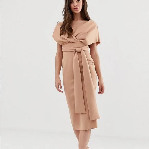 asos fallen shoulder midi dress Rent ASOS DESIGN Plisse Fallen Shoulder Midi Dress In Rust